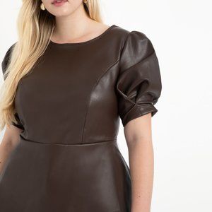 Faux Leather Puff Sleeve Peplum Top
